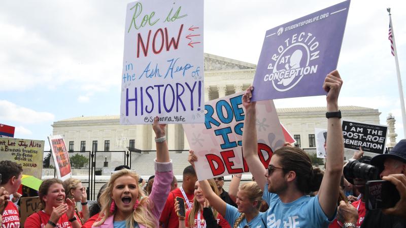 Pro-life supporters celebrate outside the US Supreme Court in Washington, DC, on June 24, 2022.