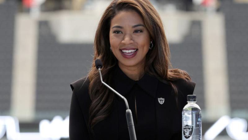  Former Nevada Gaming Control Board Chair and former Commissioner of the Nevada Gaming Commission Sandra Douglass Morgan speaks as she is introduced as the new President of the Las Vegas Raiders at Allegiant Stadium