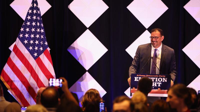 Adrian Fontes, Democratic candidate for Arizona Secretary of State speaks at an election night watch party at the Renaissance Phoenix Downtown Hotel on November 08, 2022 in Phoenix, Arizona.