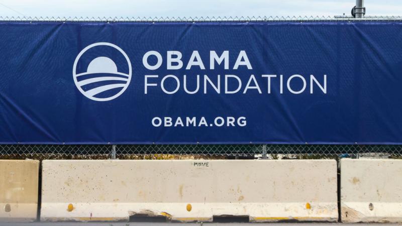 A banner at the Obama Presidential Center in Chicago, Oct. 2022