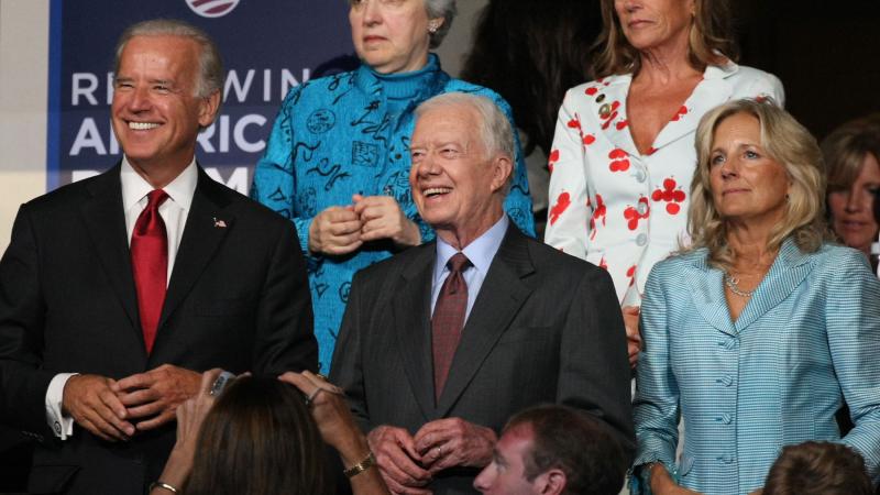 U.S. Sen. Joe Biden, former president Jimmy Carter, and Jill Biden watch the proceedings on day two of the Democratic National Convention (DNC) at the Pepsi Center August 26, 2008 in Denver, Colorado.