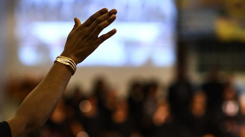 Raised hands in worship, Jeffersontown, Ky., Nov. 4, 2018