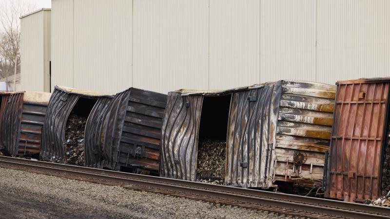 Charred train, East Palestine, Ohio, Feb. 14, 2023