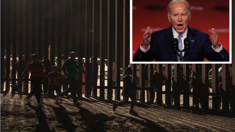 President Joe Biden cropped into image of the U.S. southern border