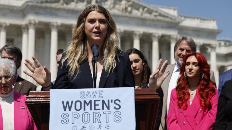Lee University student athlete Macy Petty speaking during an event celebrating the House of Representatives passing The Protection Of Women And Girls In Sports Act outside the U.S. Capitol on April 20, 2023