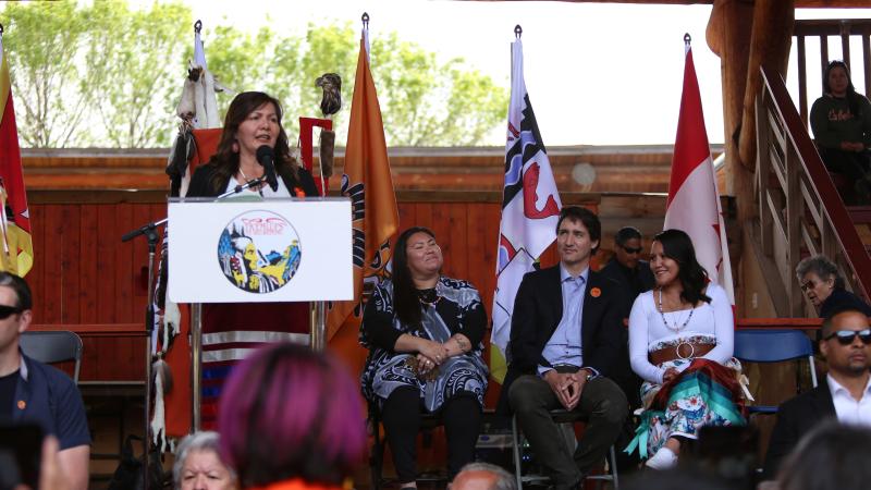 Tk'emlups te Secwepemc Chief Rosanne Casimir (L) speaks during memorial ceremony marking the one year anniversary of discovery of 215 unmarked graves at Tkemlups Powwow Arbour in Kamloops, British Columbia, Canada