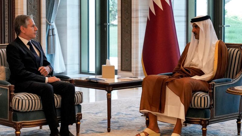 US Secretary of State Antony Blinken (L) meets with Qatar's Emir Sheikh Tamim bin Hamad al-Thani in Lusail on October 13, 2023.US Secretary of State Antony Blinken (L) meets with Qatar's Emir Sheikh Tamim bin Hamad al-Thani in Lusail on October 13, 2023.