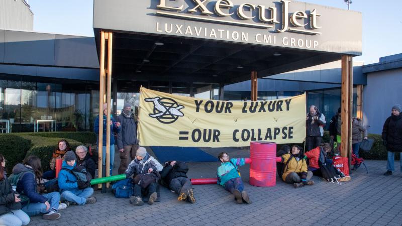 Protesters in Belgium blockade the entrance to a private aircraft terminal in 2023