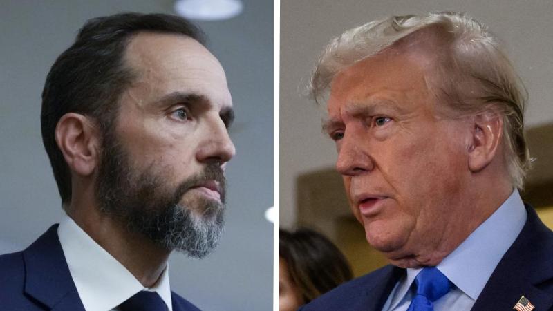 L: Jack Smith, Washington, D.C., Aug. 1, 2023, R: Donald Trump, Oct. 2, 2023, New York City