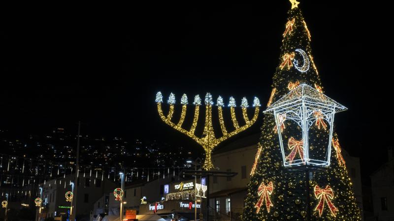 Menorah, Christmas tree, Haifa, Israel, stock photo