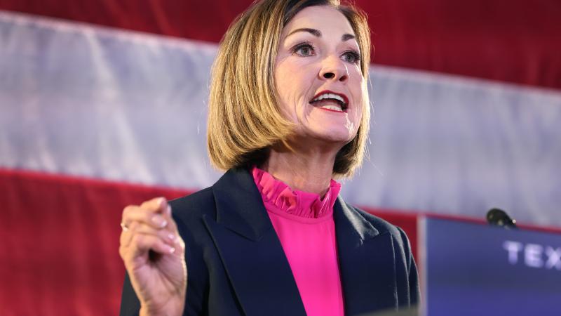 Iowa Governor Kim Reynolds speaks at a rally hosted by Florida Governor Ron DeSantis on November 06, 2023 in Des Moines,