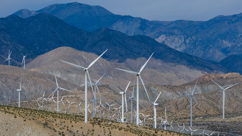 Aerial view of wind turbines, Nov. 23, 2023, Riverside, Calif. 