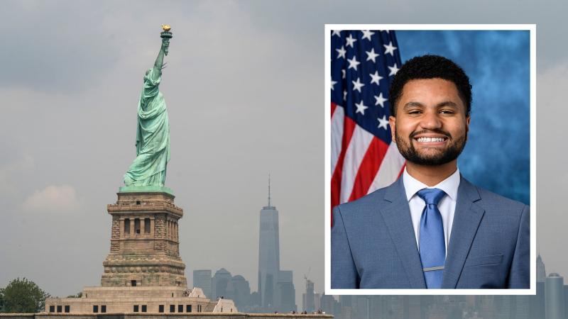 Statue of Liberty, Aug. 14, 2019, New York City; Insert: Maxwell Frost, Jan. 3, 2023, Washington, D.C.