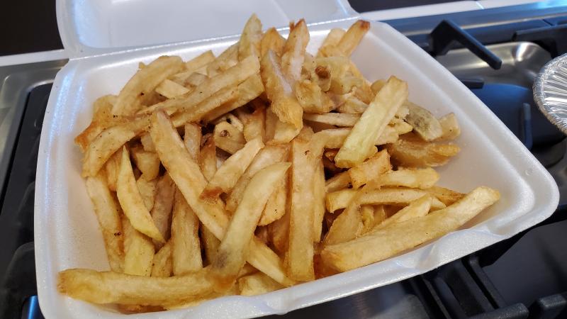 French fries in styrofoam, Lafayette, Calif., April 23, 2021