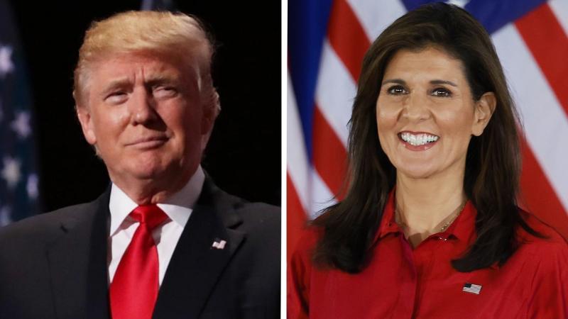 L: Donald Trump, Aug. 5, 2023, Columbia, S.C.; R: Nikki Haley, West Des Moines, Iowa, Jan. 15, 2024