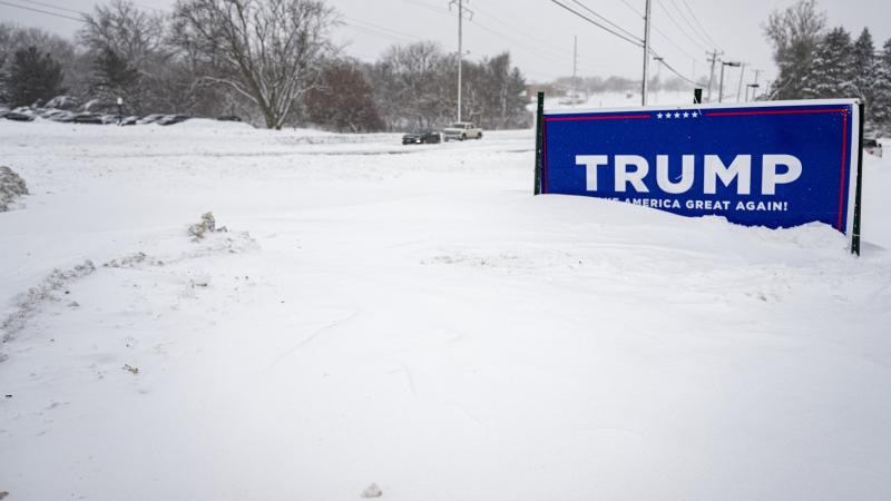 Trump sign, snow, Urbandale, Iowa, Jan. 13, 2024