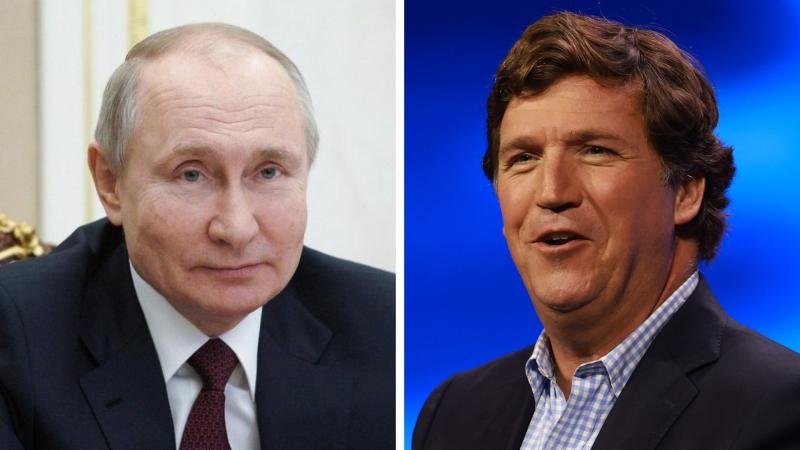 L: Vladimir Putin, March 18, 2021, R: Tucker Carlson, West Palm Beach, Fla., July 15, 2023