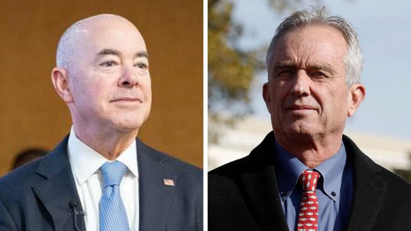 L: Alejandro Mayorkas, Camp Springs, Md., Nov. 3, 2022; R: Robert F. Kennedy Jr.