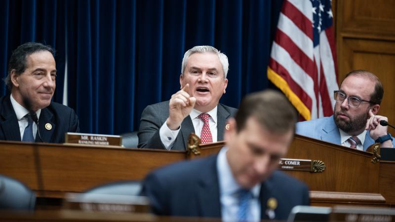 MARCH 20: From left, ranking member Rep. Jamie Raskin, D-Md., Chairman James Comer, R-Ky., Reps. Dan Goldman, D-N.Y., and Jason Smith, R-Mo., attend the House Oversight and Accountability Committee hearing titled "Influence Peddling: Examining Joe Biden's Abuse of Public Office," in Rayburn Building on Wednesday, March 20, 2024.
