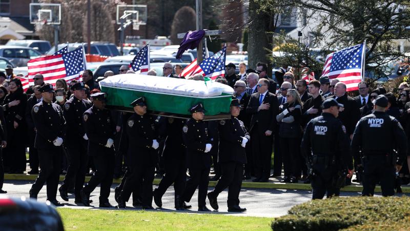 NEW YORK, U.S. - MARCH 30, 2024: Thousands of police attend the funeral for NYPD Officer Jonathan Diller on Saturday (March 30) in Long Island, New York.The funeral mass for the Diller was held at Saint Rose of Lima R.C. Church and the interment is scheduled to take place at St. Charles / Resurrection Cemeteries military cemetery.A police officer died on Monday after being shot during a traffic stop in Queens, the New York City Police Department (NYPD) said on Monday.