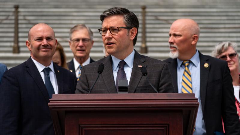 Speaker of the House Mike Johnson (R-LA) speaks during a news conference on the steps of the House of Representatives at the U.S. Capitol on May 8, 2024 in Washington, DC.