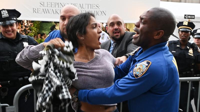 Woman, fist, NYPD police officer, Met Gala, New York City, May 6, 2024