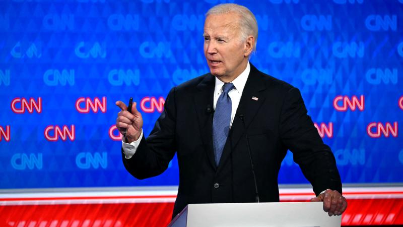 US President Joe Biden speaks as he participates in the first presidential debate of the 2024 elections with former US President and Republican presidential candidate Donald Trump at CNN's studios in Atlanta, Georgia, on June 27, 2024.