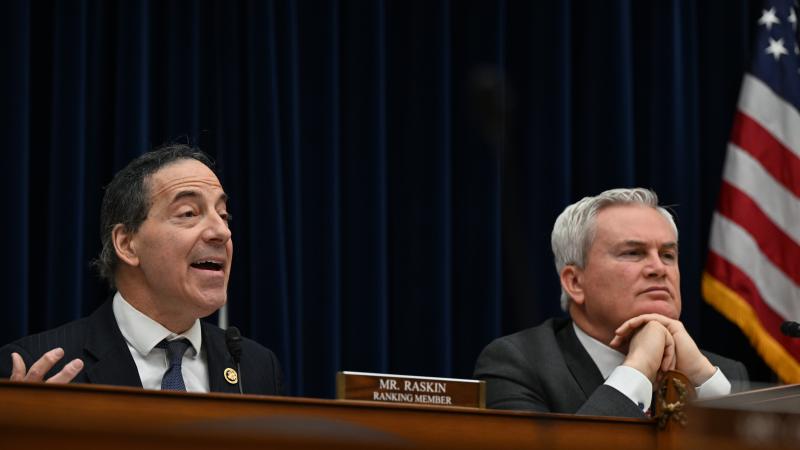 WASHINGTON, DC - MARCH 20: Ranking Member Rep. Jamie Raskin (D-Md.) speaks to witnesses Tony Bobulinski, Jason Galanis, and Lev Parnas as Chairman Rep. James Comer (R-Ky.) looks on during a House Oversight and Accountability Hearing: "Influence Peddling: Examining Joe Biden's Abuse of Public Office" at the Rayburn House Office Building on March 20, 2024 in Washington, D.C. (Photo by Ricky Carioti/The Washington Post via Getty Images)