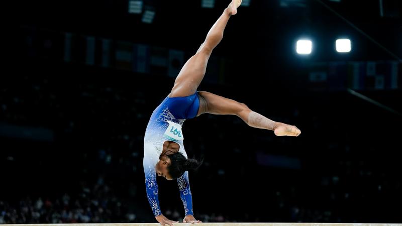 PARIS, FRANCE - AUGUST 5: Simone Biles of United States during the Women's Balance Beam Final on day ten of the Olympic Games Paris 2024 at Bercy Arena on August 5, 2024 in Paris, France. (Photo by Daniela Porcelli/Eurasia Sport Images/Getty Images)