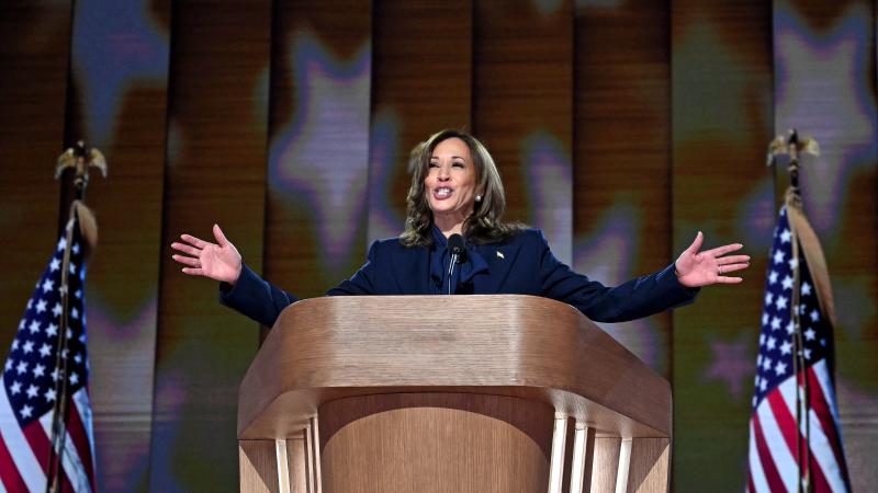 US Vice President and 2024 Democratic presidential candidate Kamala Harris speaks on the fourth and last day of the Democratic National Convention (DNC) at the United Center in Chicago, Illinois, on August 22, 2024.
