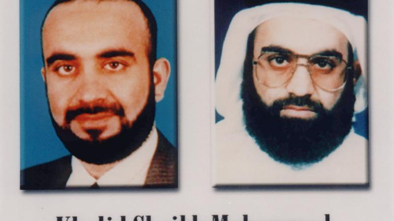 COMPOSITE PIC: Khalid Shaikh Mohammed released by the FBI and President Bush during a press conference to announce the Most Wanted Terrorist list. (Photo by Mai/Getty Images)