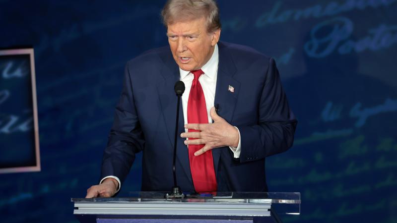 Republican presidential nominee, former U.S. President Donald Trump, debates Democratic presidential nominee, U.S. Vice President Kamala Harris, for the first time during the presidential election campaign at The National Constitution Center on September 10, 2024 in Philadelphia, Pennsylvania