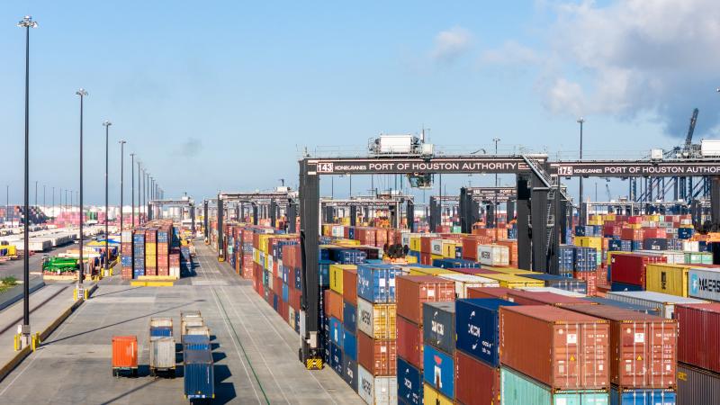 HARRIS COUNTY, TEXAS - SEPTEMBER 20: In an aerial view, shipping containers are seen at the Port of Houston Authority on September 20, 2024 in Harris County, Texas.