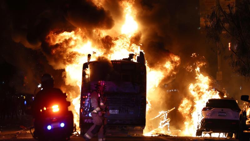 Los Angeles city bus on fire