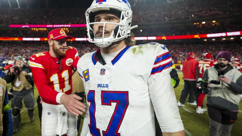 Quarterback Josh Allen #17 of the Buffalo Bills stands on the field after the AFC Championship game against the Kansas City Chiefs, at GEHA Field at Arrowhead Stadium 