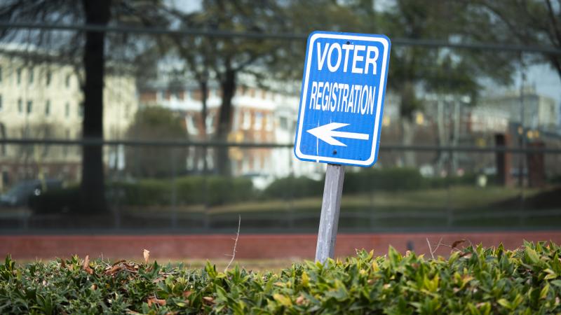 A sign for voter registration on February 22, 2024 in Columbia, South Carolina.