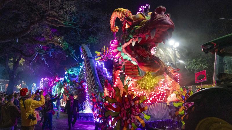 The Orpheus Leviathan Dragon themed float rolls in the Orpheus Parade during Mardi Gras on March 03, 2025 in New Orleans, Louisiana