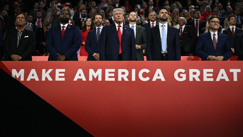 Rep. Byron Donalds and House Speaker Mike Johnson standing next to President Donald Trump and Vice President JD Vance