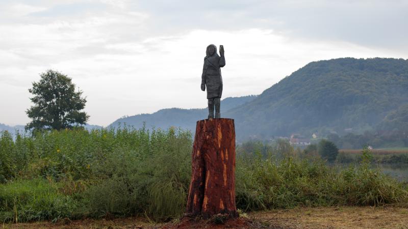 Newly erected life-sized bronze statue of Melania Trump stands in Rono, a village neighbouring her hometown Sevnica on September 17, 2020 in Rono, Slovenia.