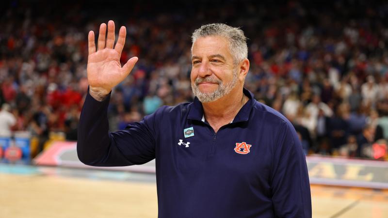 head coach Bruce Pearl of the Auburn Tigers is honored during the first half in the Final Four Game of the NCAA Men's Basketball Tournament at Alamodome on April 05, 2025 in San Antonio, Texas. 
