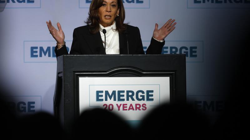 Former U.S. Vice President Kamala Harris delivers a keynote address during the Emerge 20th Anniversary Gala at the Palace Hotel on April 30, 2025 in San Francisco, California.
