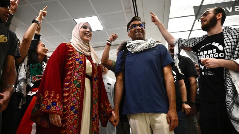 Georgetown researcher and Indian national Badar Khan Suri, who the Department of Homeland Security detained for two months for accusations of antisemitism and supporting Hamas, lands at Washington Dulles International Airport on Wednesday, May 14, 2025.