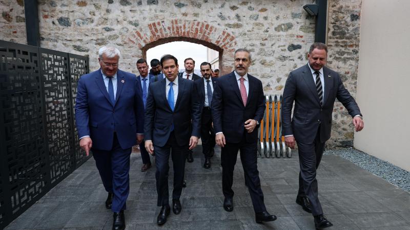 Turkish Foreign Minister Hakan Fidan (2R), US Secretary of State Marco Rubio (2L) and Head of the Office of the President of Ukraine Andrii Yermak (R) attend the Turkiye-US-Ukraine Trilateral meeting as Ukrainian, American and Russian delegates meet for peace talks.