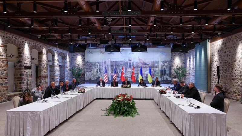 Ukrainian, American and Russian delegates meet for Ukraine-Russia peace talks at the office of Turkish President in Dolmabahce Palace on May 16, 2025 in Istanbul, Turkey.