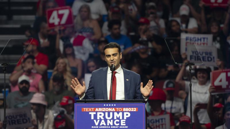 Arizona Republican Congressional candidate Abraham Hamadeh speaks during a campaign rally for Republican presidential nominee, former U.S. President Donald Trump at Desert Diamond Arena on August 23, 2024 in Glendale, Arizona. 