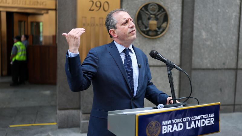 New York City Comptroller and Democratic mayoral candidate Brad Lander speaks during a news conference outside of federal immigration court at the Ted Weiss Federal Building in the Manhattan borough of New York on June 5, 2025.