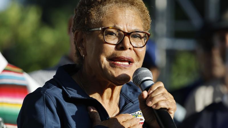 Los Angeles Mayor Karen Bass speaks at a candlelight vigil on June 10, 2025 in Los Angeles, California. 