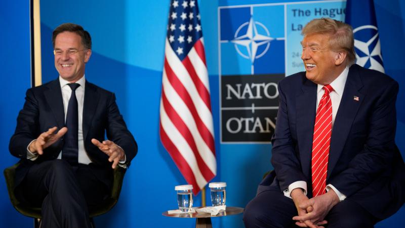 U.S. President Donald Trump (R) and NATO Secretary General Mark Rutte speak to media at the start of the second day of the 2025 NATO Summit on June 25, 2025 in The Hague, Netherlands.
