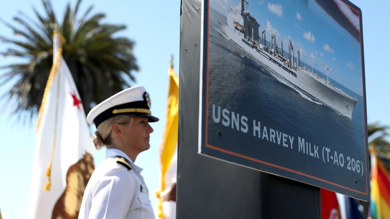 A photo of the new USNS Harvey Milk is displayed during a ship naming ceremony on August 16, 2016 in San Francisco, California.