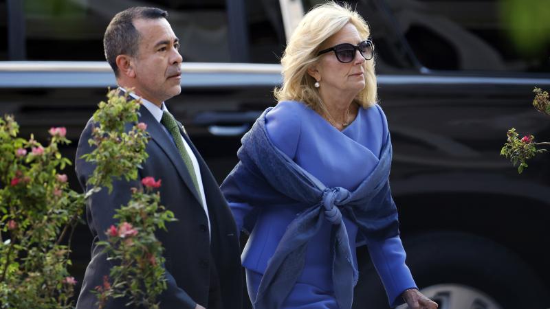 First lady Jill Biden and her senior advisor Anthony Bernal arrive to the J. Caleb Boggs Federal Building on June 07, 2024 in Wilmington, Delaware.
